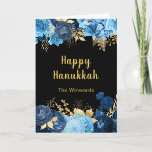 Elegant Blue and Gold Flowers Hanukkah Party Holiday Card