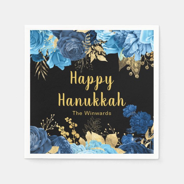 Elegant Blue and Gold Flowers Hanukkah Party Napkin (Front)