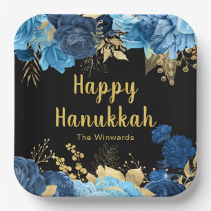 Elegant Blue and Gold Flowers Hanukkah Party Paper Plate