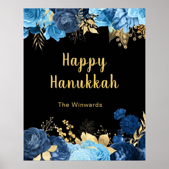 Elegant Blue and Gold Flowers Hanukkah Party Poster (Front)