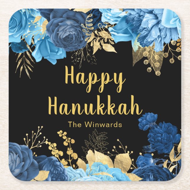 Elegant Blue and Gold Flowers Hanukkah Party Square Paper Coaster (Front)