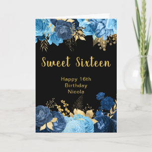 Elegant Blue and Gold Flowers Sweet Sixteen Card