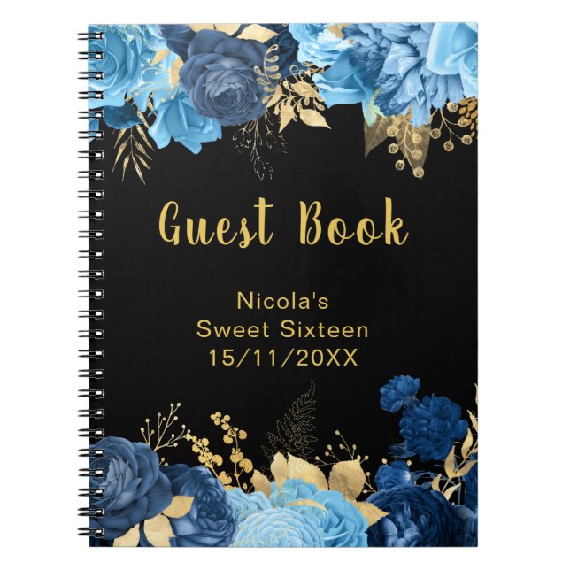 Elegant Blue and Gold Flowers Sweet Sixteen Notebook (Front)