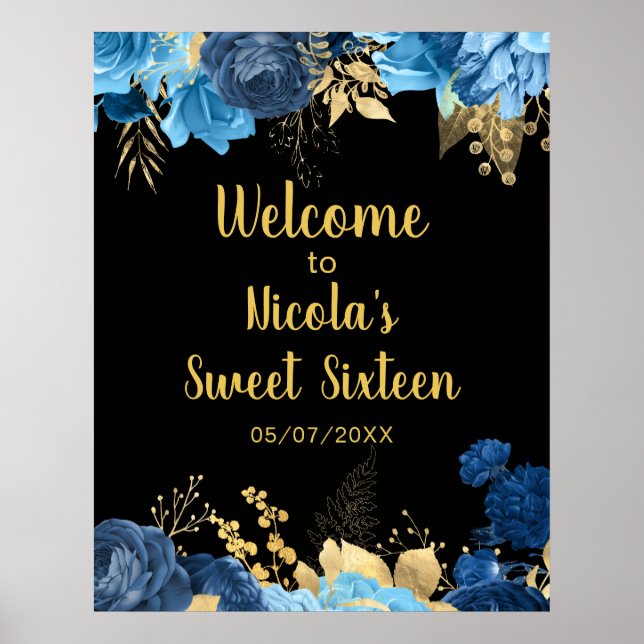 Elegant Blue and Gold Flowers Sweet Sixteen Poster (Front)