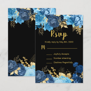 Elegant Blue and Gold Flowers Sweet Sixteen RSVP Card