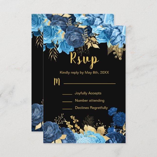 Elegant Blue and Gold Flowers Sweet Sixteen RSVP Card (Front/Back)