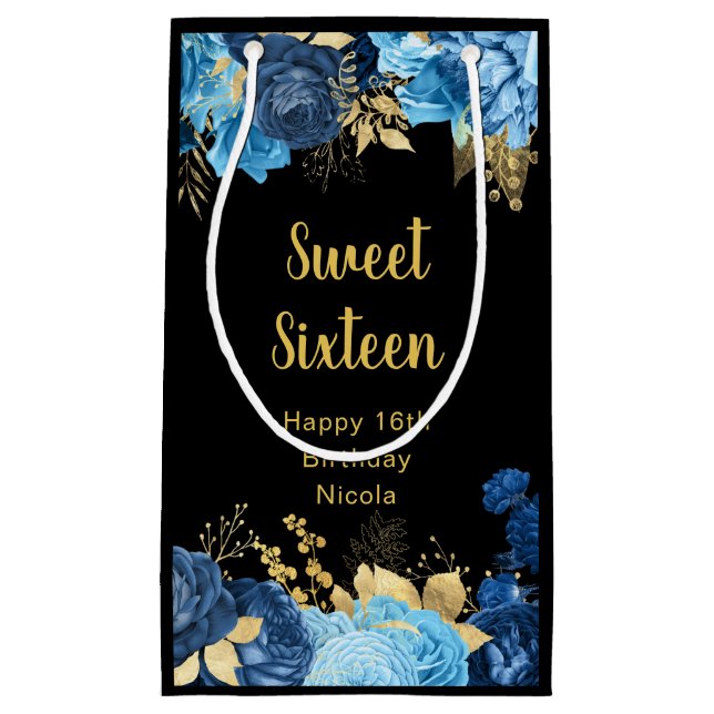 Elegant Blue and Gold Flowers Sweet Sixteen Small Gift Bag (Front)