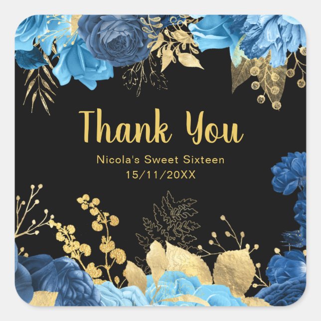 Elegant Blue and Gold Flowers Sweet Sixteen Square Sticker (Front)