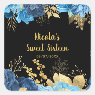 Elegant Blue and Gold Flowers Sweet Sixteen Square Sticker