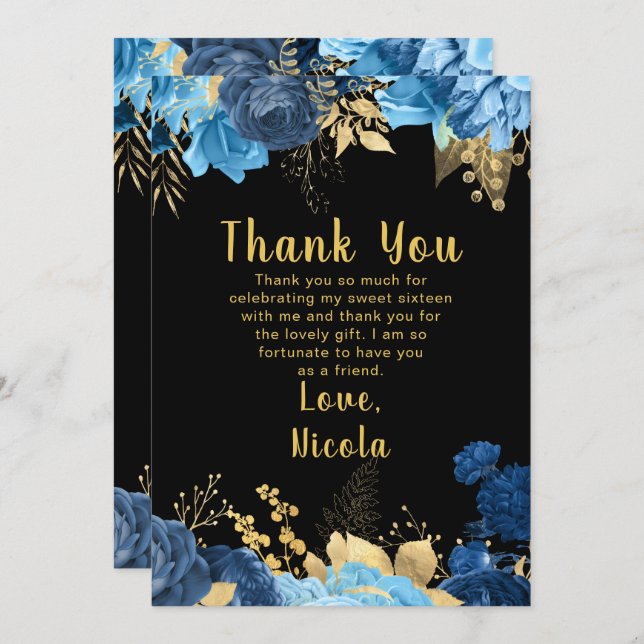 Elegant Blue and Gold Flowers Sweet Sixteen Thank You Card (Front/Back)