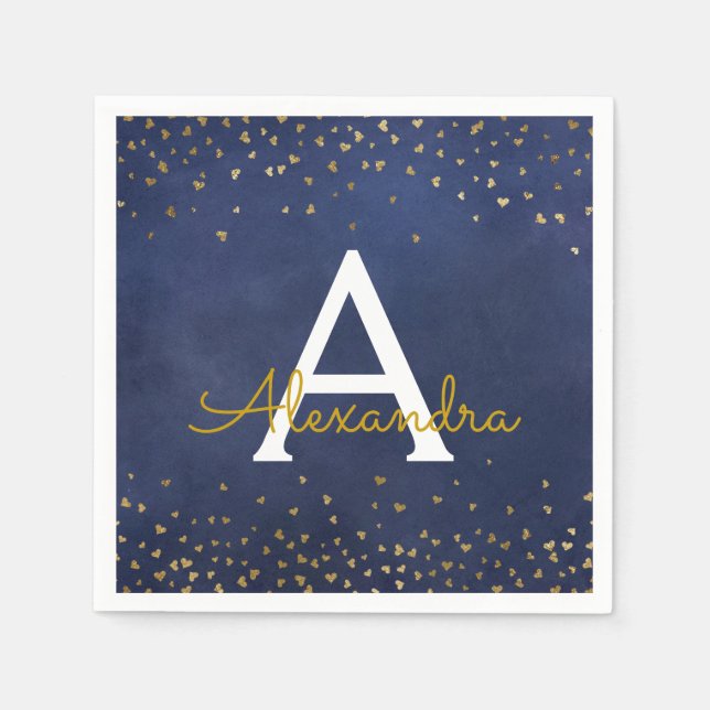 Elegant Blue and Gold Foil Confetti Monogram Napkin (Front)