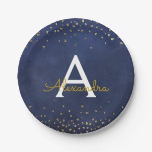 Elegant Blue and Gold Foil Confetti Monogram Paper Plate