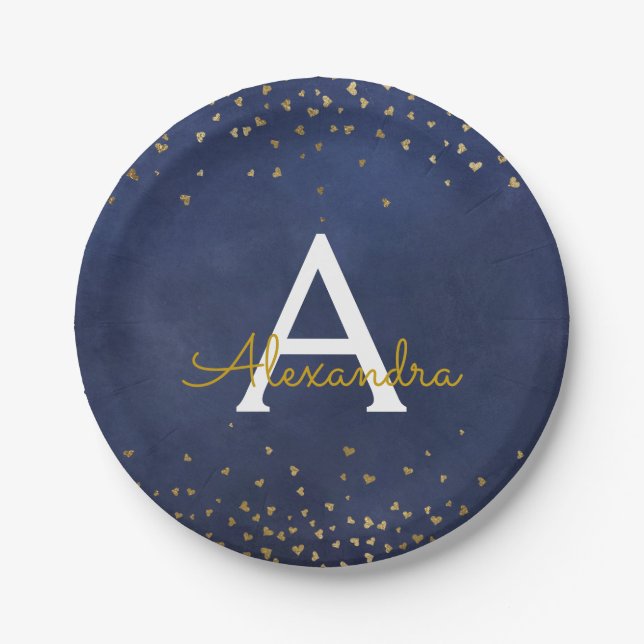 Elegant Blue and Gold Foil Confetti Monogram Paper Plate (Front)