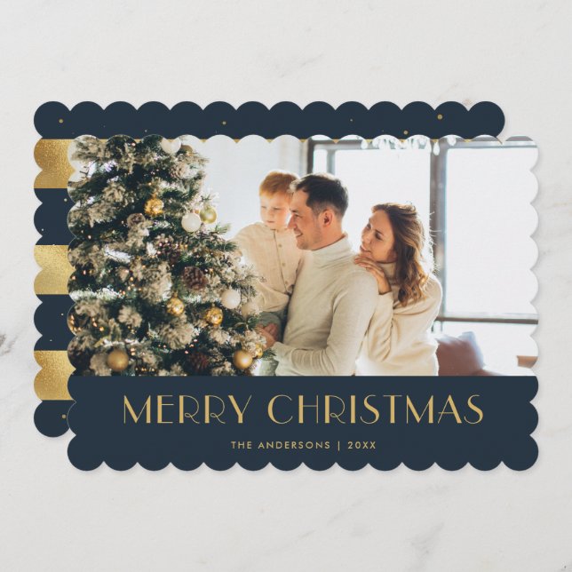 Elegant Blue and Gold Foil Photo Christmas Card (Front/Back)