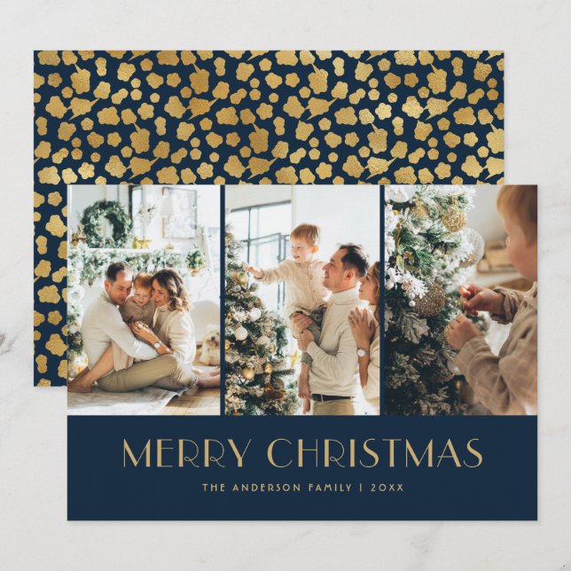 Elegant Blue and Gold Foil Stars Photo Christmas Holiday Card (Front/Back)
