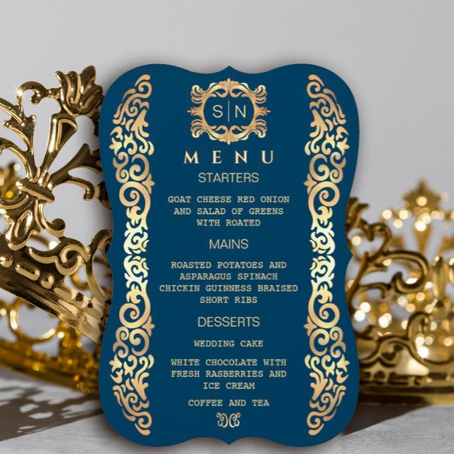 Elegant Blue and Gold Frame Wedding Menu (#zazzlemade #royal #blueandgold #goldframe #luxury #vintagegoldframe #illustratorgoldframe #origena)
