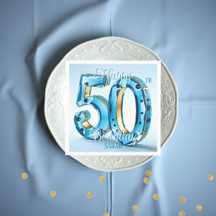 Elegant Blue and Gold Gemstone 50th Birthday Napkin