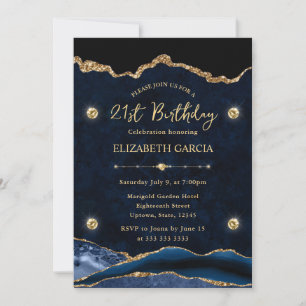 Elegant Blue and Gold Glitter Agate 21st Birthday Invitation