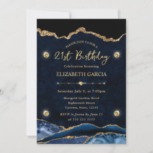Elegant Blue and Gold Glitter Agate 21st Birthday Invitation