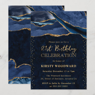 Elegant Blue and Gold Glitter Agate 21st Birthday Invitation