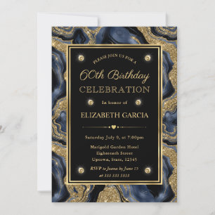 Elegant Blue and Gold Glitter Agate 60th Birthday Invitation