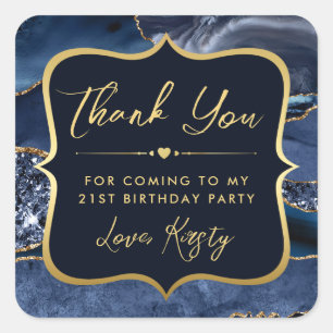 Elegant Blue and Gold Glitter Agate Birthday Square Sticker