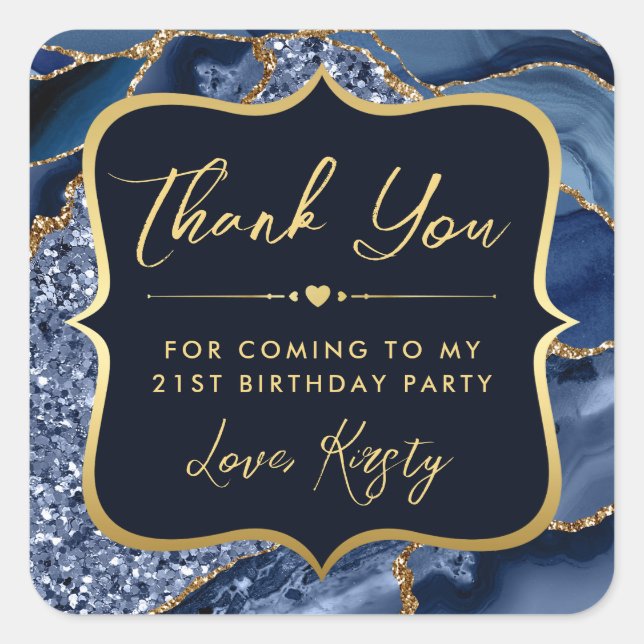 Elegant Blue and Gold Glitter Agate Birthday Square Sticker (Front)