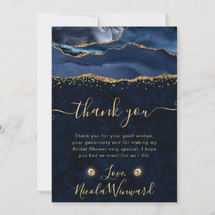Elegant Blue and Gold Glitter Agate Bridal Shower Thank You Card