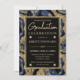 Elegant Blue and Gold Glitter Agate Graduation Invitation