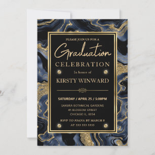 Elegant Blue and Gold Glitter Agate Graduation Invitation