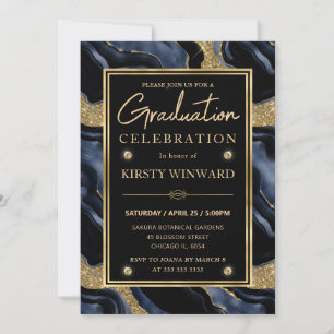 Elegant Blue and Gold Glitter Agate Graduation Invitation