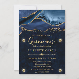 Elegant Blue and Gold Glitter Agate Quinceanera Invitation