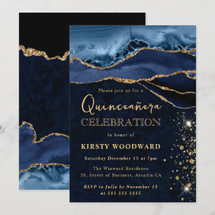 Elegant Blue and Gold Glitter Agate Quinceanera Invitation
