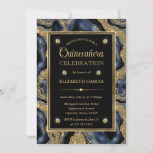 Elegant Blue and Gold Glitter Agate Quinceanera Invitation