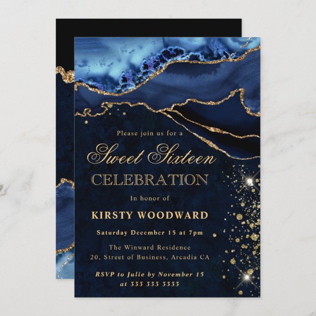 Elegant Blue and Gold Glitter Agate Sweet 16 Invitation (Front/Back)