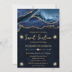 Elegant Blue and Gold Glitter Agate Sweet 16 Invitation