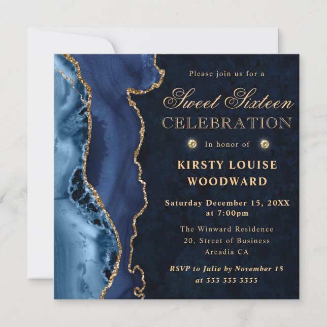 Elegant Blue and Gold Glitter Agate Sweet 16 Invitation (Front)