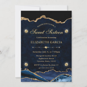 Elegant Blue and Gold Glitter Agate Sweet Sixteen Invitation