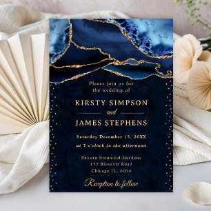Elegant Blue and Gold Glitter Agate Wedding Invitation