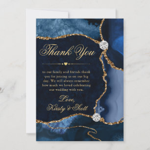 Elegant Blue and Gold Glitter Agate Wedding Thank You Card