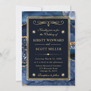 Elegant Blue and Gold Glitter Ocean Agate Wedding Invitation