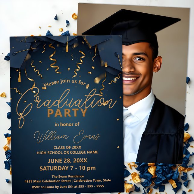 Elegant Blue and Gold Graduation Party with Photo Invitation (Creator Uploaded)