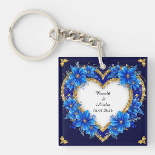 Elegant Blue and Gold Heart Frame Key Ring