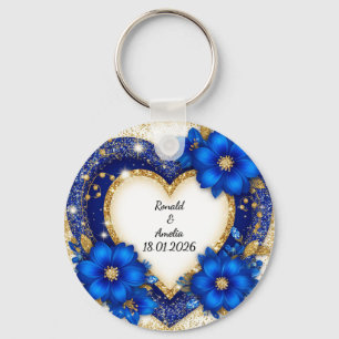 Elegant Blue and Gold Heart Frame Key Ring