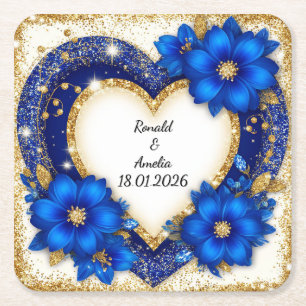 Elegant Blue and Gold Heart Frame Square Paper Coaster