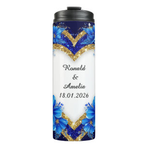 Elegant Blue and Gold Heart Frame Thermal Tumbler