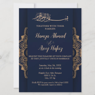 Elegant Blue and Gold Islamic Muslim Wedding Invitation