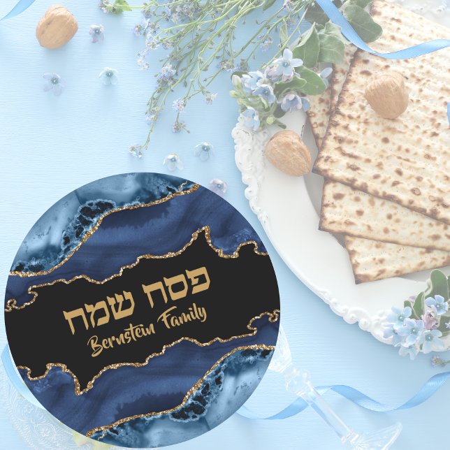 Elegant Blue and Gold Jewish Holiday Passover   Classic Round Sticker (Creator Uploaded)