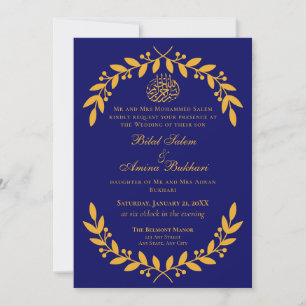 Elegant Blue and Gold Leaf Islamic Wedding Invitation