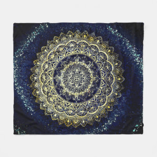 Elegant Blue and Gold Mandala Art Boho Beach Fleece Blanket